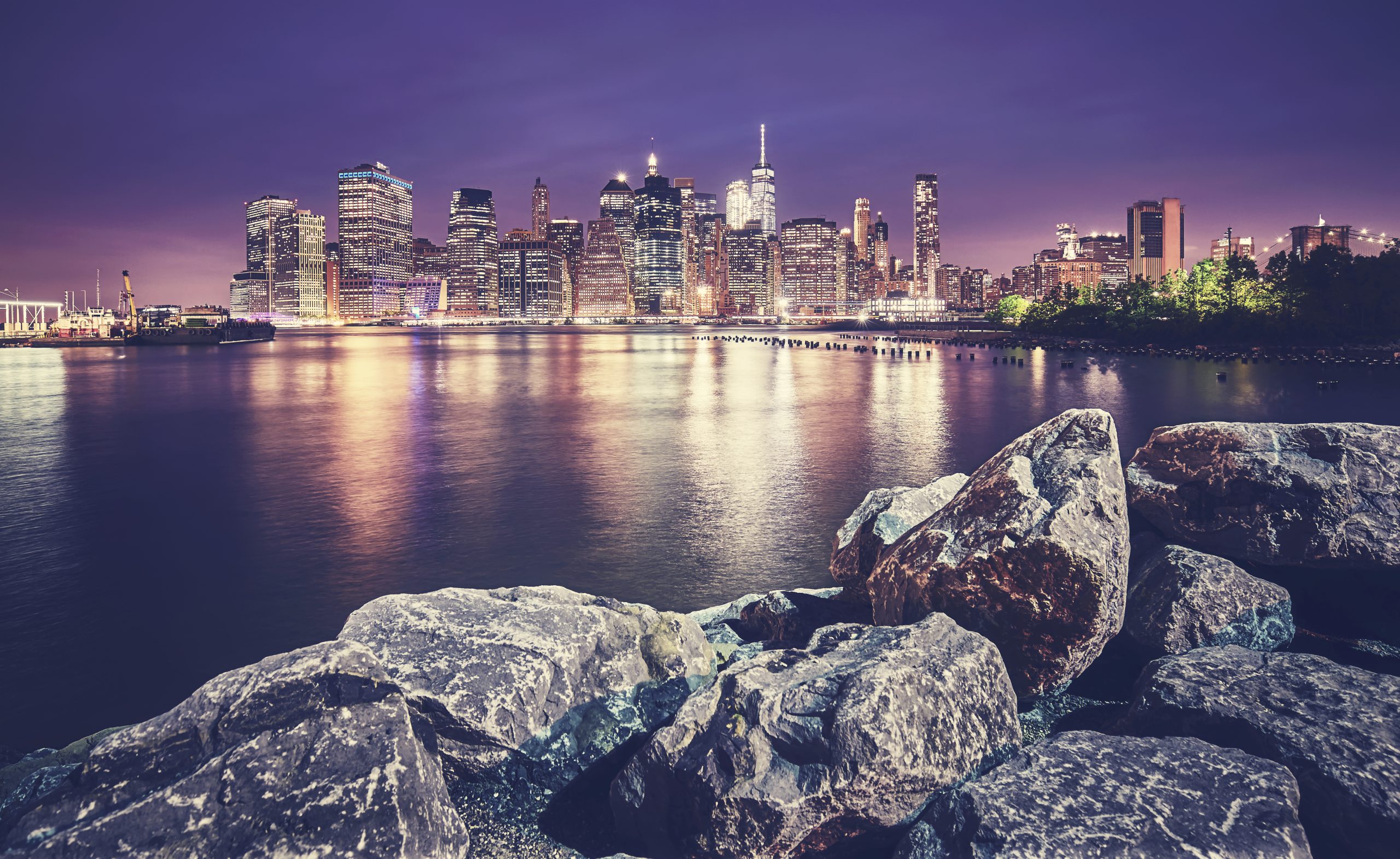 Manhattan skyline seen from Brooklyn at night, NYC.